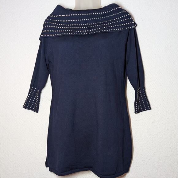 Questions Sweater Women Sz XL Navy Blue Nautical Cozy Soft Studded Cowl Neck - Picture 1 of 8